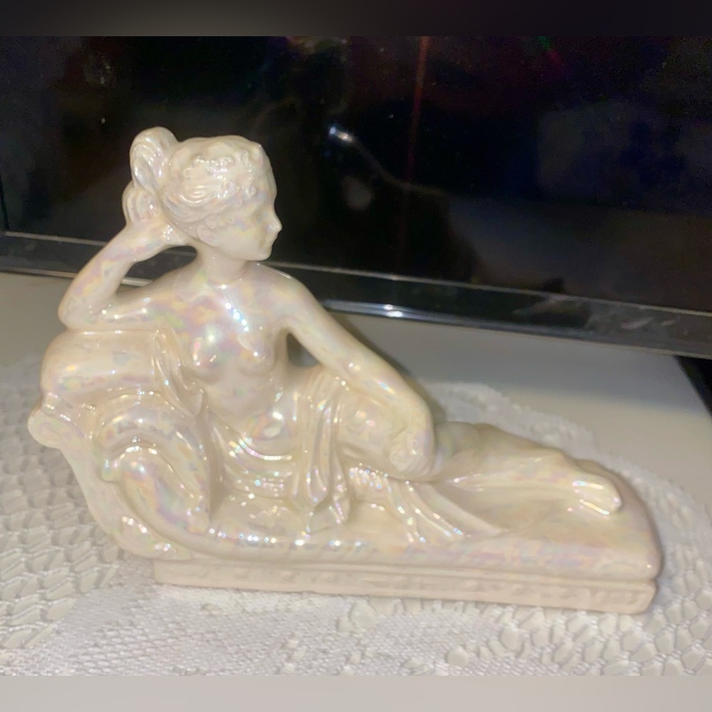 Iridescent Reclining Woman Figurine, Vintage sculpture. Signed